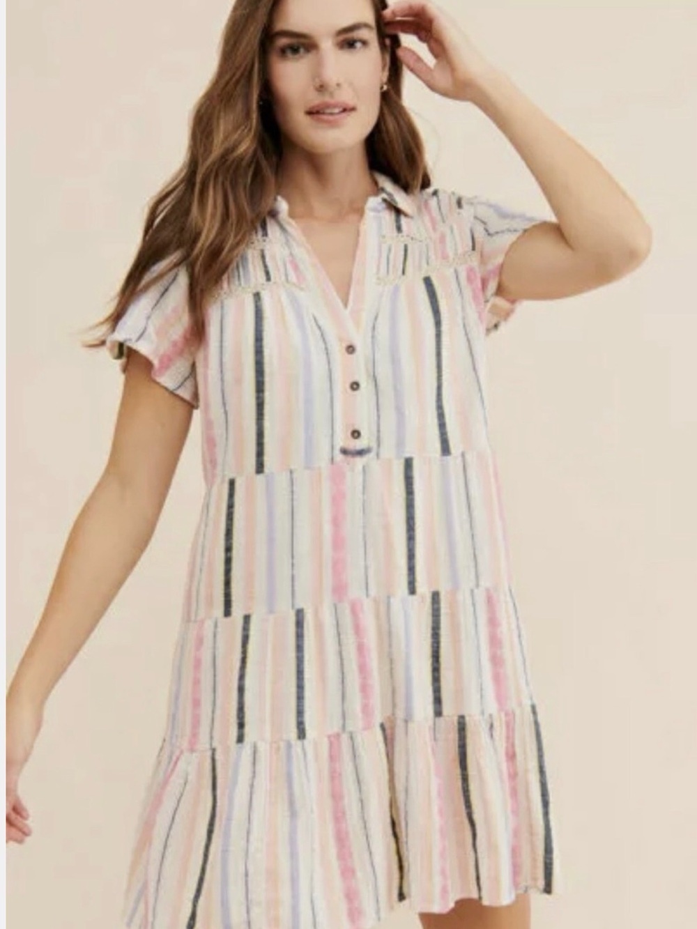 Anthropologie - Georgina tiered shirt dress Pink and Cream StripedDress
